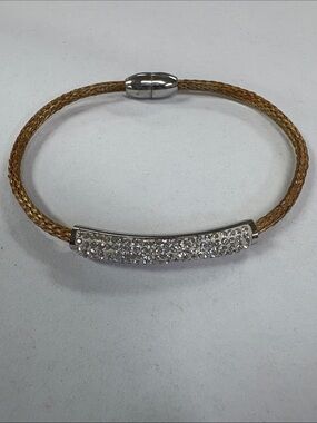 Gold Braided Cable Bracelet with Crystal Bar Accent
